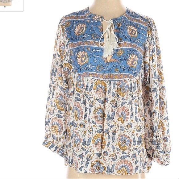 Lucky Brand size SP blouse blue & ivory BOHO 3/4 sleeves w keyhole & tassel ties - Picture 1 of 15